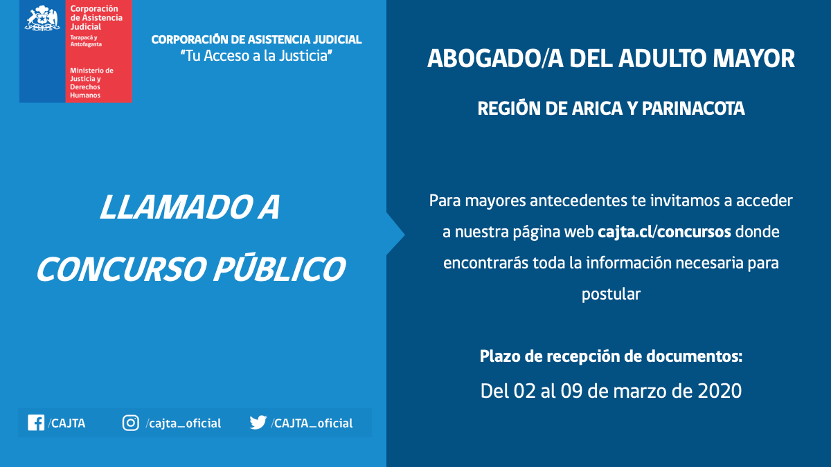 Llamado a Concurso Público Abogado(a) del Adulto Mayor, Región de Arica y Parinacota