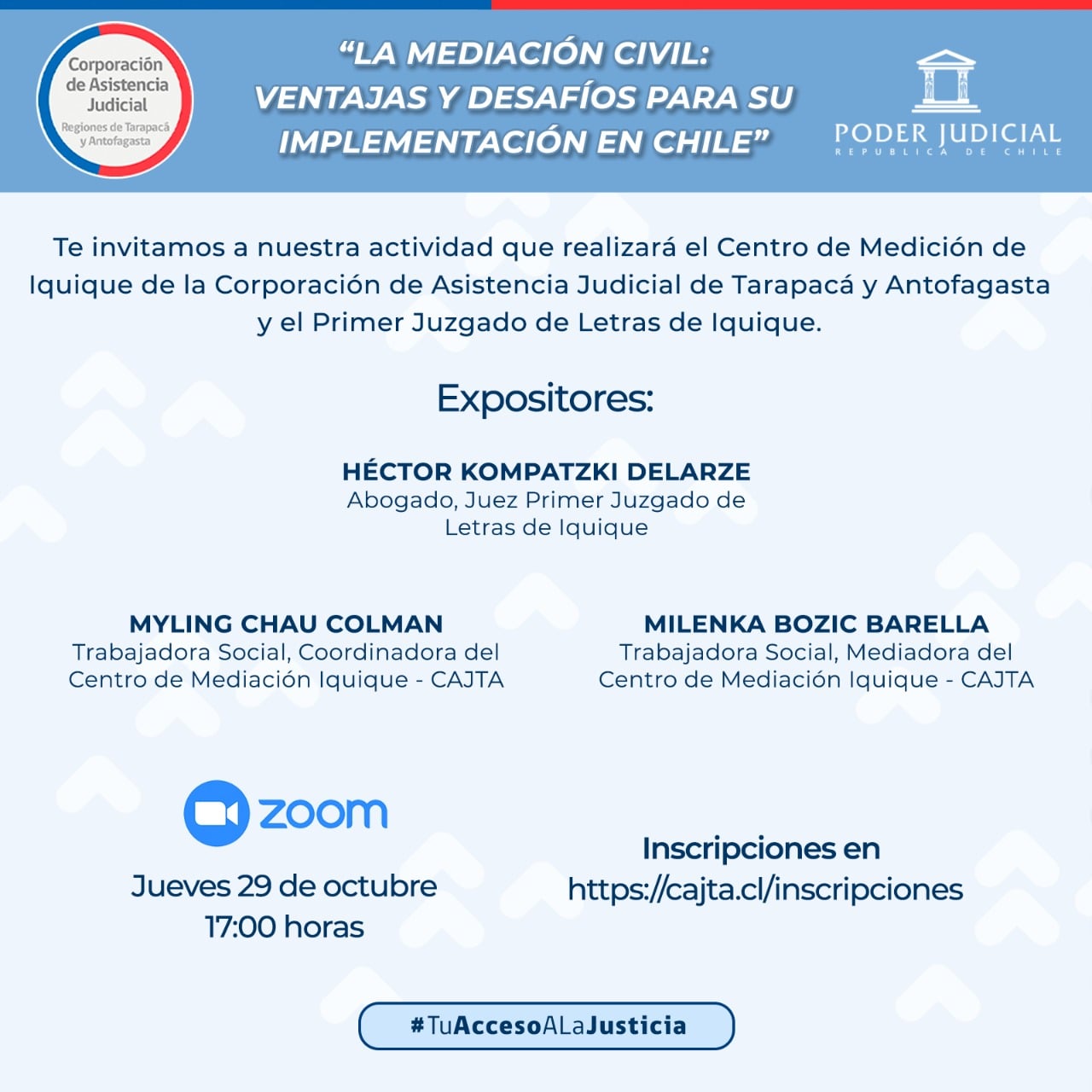 Invitación a charla realizada por Centro de Mediación CAJTA y Primer Juzgado de Letras de Iquique
