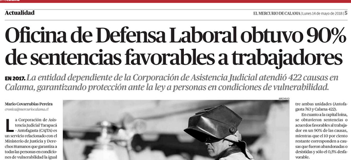 ODL de CAJTA obtiene 90% de sentencias favorables informa El Mercurio de Calama.