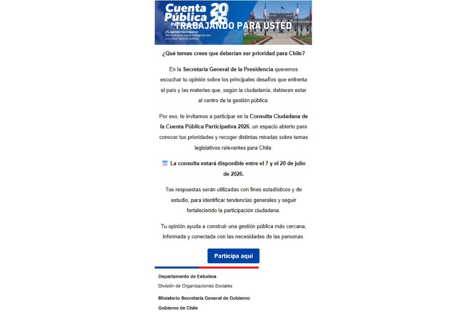 Participa en la Consulta Ciudadana de la Cuenta Pública Participativa 2026 de la Secretaría General de la Presidencia